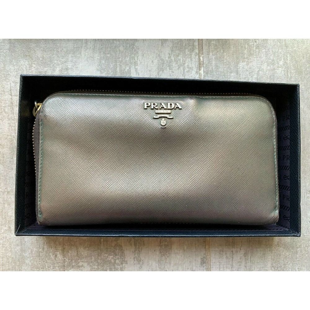 PRADA Milano Saffiano Metal Leather Zip Around Wallet Purse Brunito Pewter0 - Picture 11 of 12